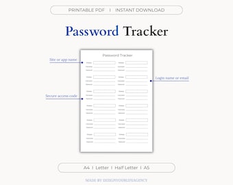 Rastreador de contraseñas (PDF imprimible): Organizador de inicio de sesión seguro, plantilla de registro de Internet, lista de verificación para el administrador de contraseñas, organizador de cuentas