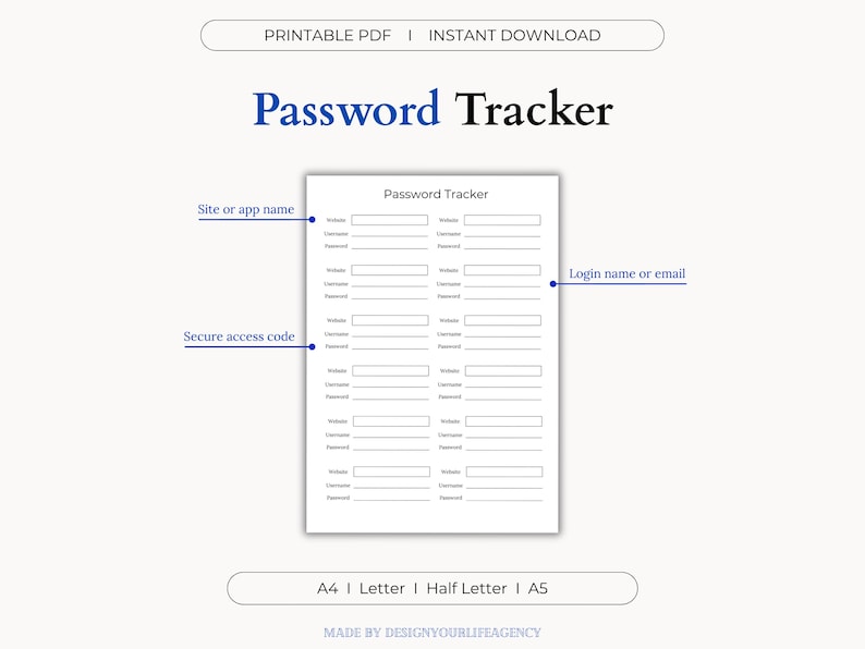 Password Tracker Printable PDF: Secure Login Organizer, Internet ...