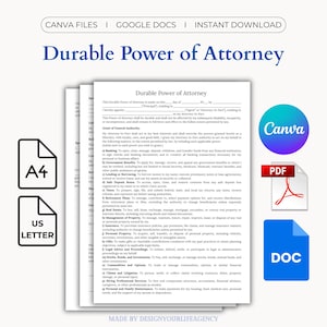 May include: A document titled "Durable Power of Attorney" with text and icons for A4 and US Letter sizes. The image includes Canva, PDF, and DOC file format icons, indicating digital availability.