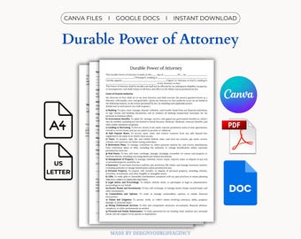 Durable Power of Attorney Template: Legal Authority Form, POA Form for Estate Planning, Comprehensive Living Will (Canva, PDF, Google Docs)