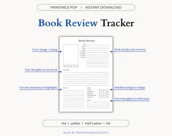 Book Review Tracker Printable PDF: Reading Journal Log, Bibliophile Book Review Sheet, Literary Critique Planner, Reading Goal Tracker