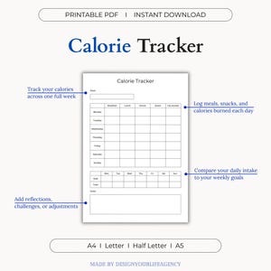 Calorie Tracker Printable PDF - Food Log, Daily Meal Journal Page, Nutrition Tracker, Diet Planner, Health and Wellness Log, Calorie Logbook