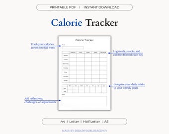 Registro de calorías (PDF imprimible): Registro de calorías, Plantilla de registro diario de alimentos, Nutrición, Diario de pérdida de peso, Hoja de conteo de calorías