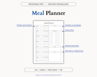 Weekly Meal Planner Printable PDF: Grocery List, Food Log, Meal Prep, Family Meal Template, Meal Planning Calendar