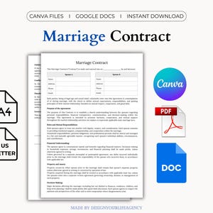 May include: A digital marriage contract template titled "Marriage Contract" in blue. The document includes fields for spouses' details and is available in A4 and US Letter sizes. Icons for Canva, PDF, and DOC formats are also displayed.