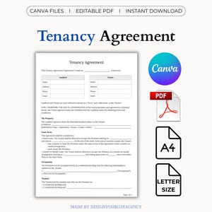 Könnte beinhalten: Ein weißes Mietvertragsdokument mit blauem Titel. Das Bild enthält Canva-, PDF-, A4- und Letter-Size-Symbole. Der Text oben lautet "CANVA FILES | EDITABLE PDF | INSTANT DOWNLOAD". Das Dokument ist für Vermieter und Mieter.