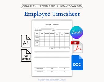Employee Time Sheet: Weekly Biweekly Payroll Log, Small Business Hourly Tracker, Staff Attendance Record (Canva, Google Docs, Fillable PDF)