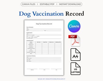 Dog Vaccination Record: Pet Health Tracker (PDF, Canva Template, A4, US Letter)