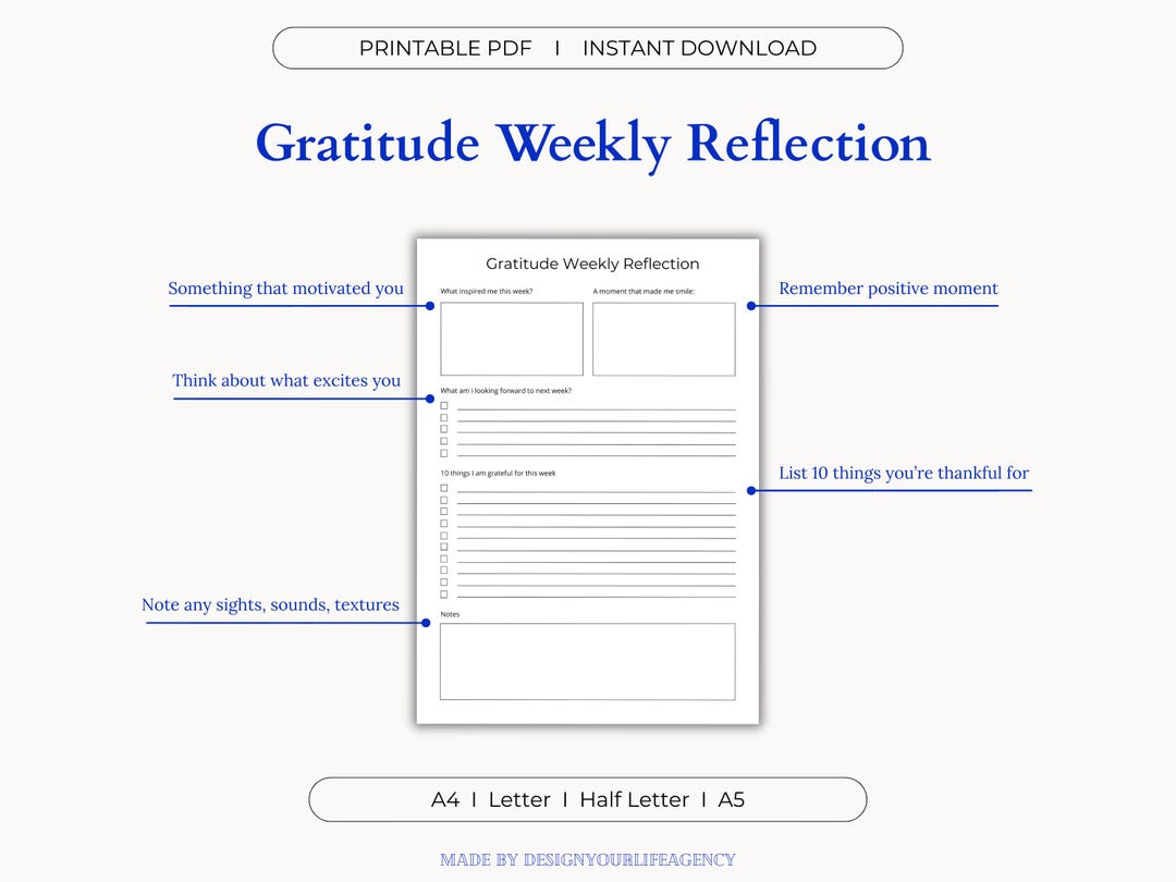 Gratitude Weekly Reflection Printable PDF: Mindfulness Journal, Boost ...