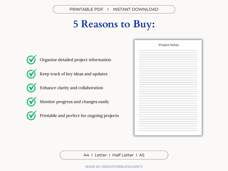 Project Notes Printable PDF: Task Organizer Template, Custom Notebook ...