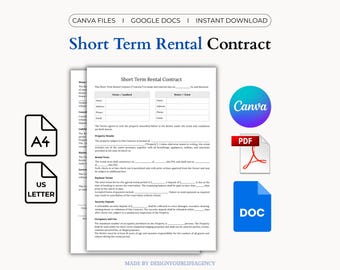 Short Term Rental Contract: Vacation Rental Lease Agreement, Airbnb and Vrbo Guest Agreement, STR Terms (Canva, Google Docs, PDF)