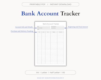 Bank Account Tracker Printable PDF: Account Balance Log, Statement Reconciliation Sheet, Ledger for Multiple Accounts