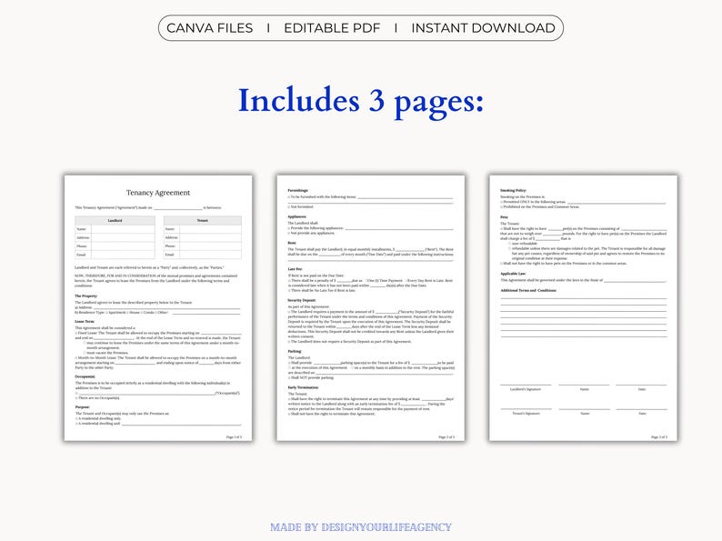 Editable Tenancy Agreement Template in Canva and PDF formats. Includes A4 and US Letter sizes for easy use worldwide. Customize text, fonts, and layout in Canva, or use the fillable PDF version to type directly into the contract. Ideal for landlords, property managers, or tenants who need a clear, professional rental contract. Printable, editable, and instantly downloadable—perfect for managing rental agreements quickly and efficiently.