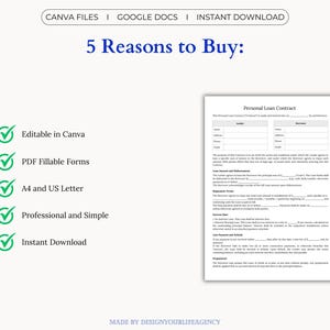 Personal Loan Contract template for lending money between individuals. Editable and professional agreement for personal loans, family loans, or private lending. Includes Canva template, fillable and printable PDF, and Google Docs formats. Designed to clearly outline loan amount, repayment schedule, interest terms, late fees, and governing law. Available in A4 and US Letter sizes. Ideal for lenders and borrowers seeking a simple, legally structured loan agreement.