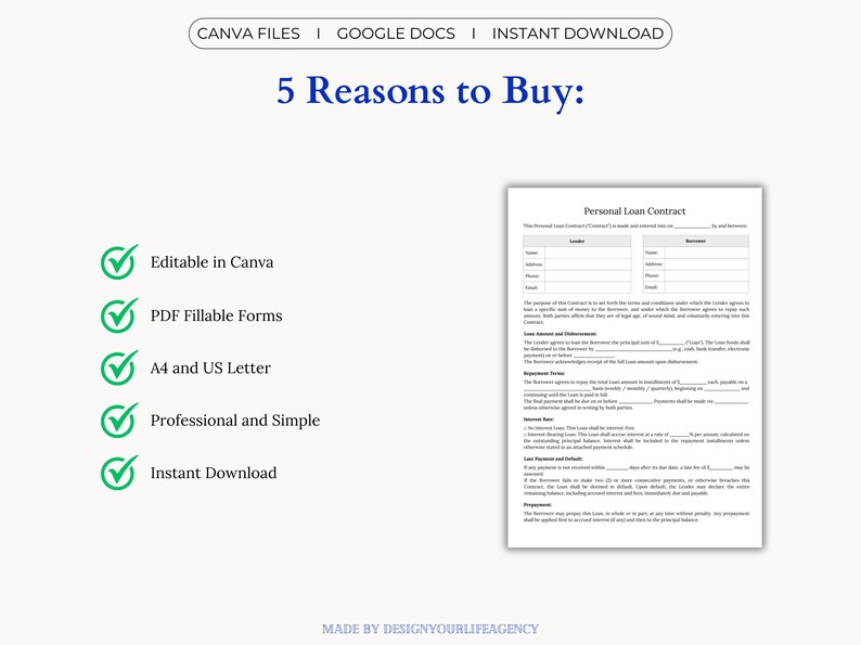 Personal Loan Contract template for lending money between individuals. Editable and professional agreement for personal loans, family loans, or private lending. Includes Canva template, fillable and printable PDF, and Google Docs formats. Designed to clearly outline loan amount, repayment schedule, interest terms, late fees, and governing law. Available in A4 and US Letter sizes. Ideal for lenders and borrowers seeking a simple, legally structured loan agreement.