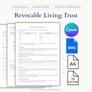 May include: A document titled "Revocable Living Trust" with a Canva logo, a DOC icon, and A4 and US Letter size icons. The document is a template for legal agreements.
