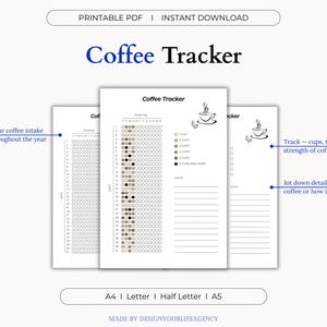 Può includere: Un tracker di caffè stampabile con una griglia per tenere traccia dell'assunzione giornaliera di caffè durante tutto l'anno. Il tracker include una sezione per annotare il numero di tazze, il tipo e la forza del caffè consumato. C'è anche una sezione per annotare i dettagli sul caffè, come il tipo o come ti ha fatto sentire.