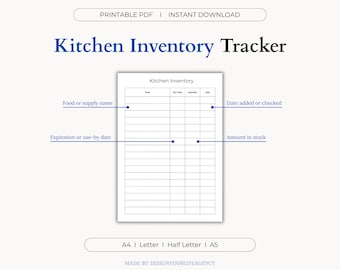 Kitchen Inventory Tracker Printable PDF: Pantry Checklist, Freezer Food Storage Log, Fridge Expiration Date Tracker, Grocery Stock List