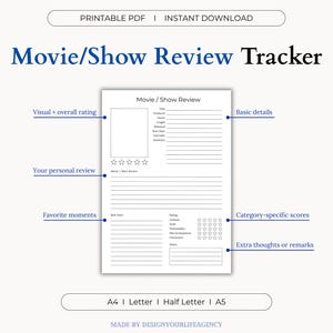 以下が含まれることがあります： 印刷可能なPDF形式の映画/番組レビュー追跡ツール。基本情報、個人的なレビュー、お気に入りの瞬間、カテゴリ別のスコアのセクションがあります。視覚的な評価と追加のコメントのためのスペースが含まれています。A4、レター、ハーフレター、A5サイズで利用できます。