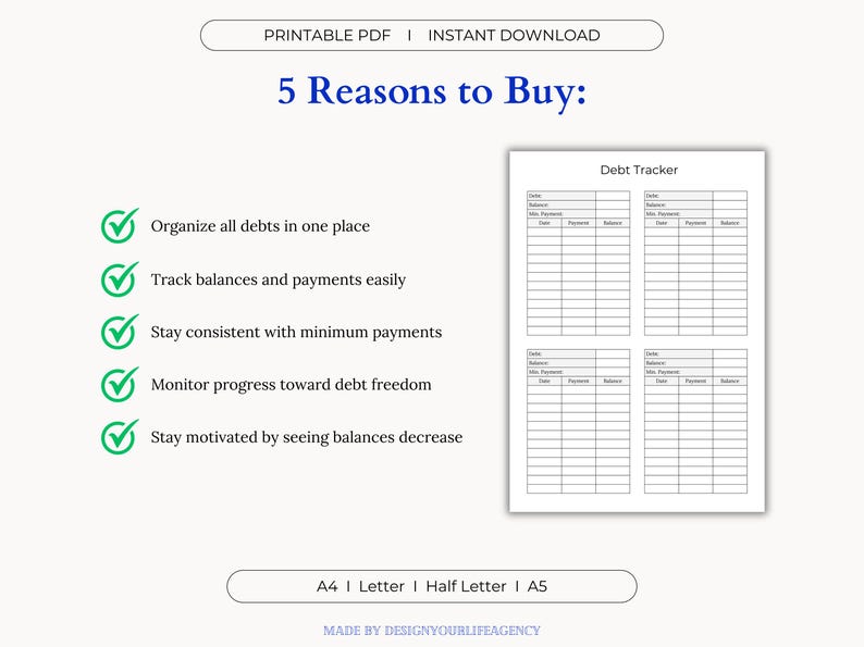 Debt Tracking System Debt Tracker Printable PDF: Balance Sheet, Budget Binder, Debt Snowball ...