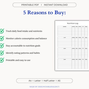 Printable Nutrition Log PDF designed for daily food tracking, calorie counting, and healthy meal planning. Ideal for individuals focused on wellness, diet, or weight loss goals. Includes sections for meals, snacks, calorie totals, and personal notes. Offered in A4, A5, Letter, and Half-Letter sizes for easy home printing. Clean and minimal layout suitable for beginners or health-conscious users. Great for meal prep, mindful eating, and tracking nutritional habits.