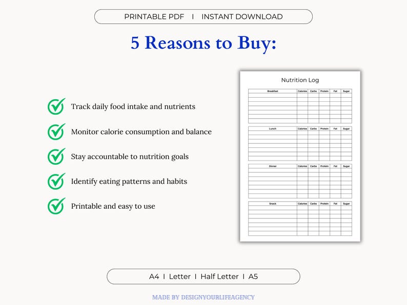 Printable Nutrition Log PDF designed for daily food tracking, calorie counting, and healthy meal planning. Ideal for individuals focused on wellness, diet, or weight loss goals. Includes sections for meals, snacks, calorie totals, and personal notes. Offered in A4, A5, Letter, and Half-Letter sizes for easy home printing. Clean and minimal layout suitable for beginners or health-conscious users. Great for meal prep, mindful eating, and tracking nutritional habits.