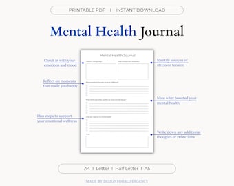 Diario de salud mental imprimible en PDF: Registro diario de atención plena para aliviar la ansiedad y el estrés, planificador de reflexión para el autocuidado y el bienestar.