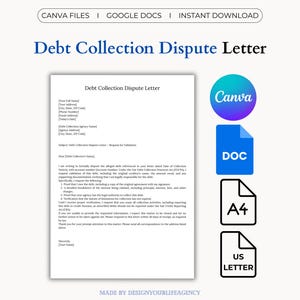 May include: A white document titled "Debt Collection Dispute Letter" with a blue header. The image includes Canva, DOC, A4, and US Letter icons. Text at the top reads "CANVA FILES | GOOGLE DOCS | INSTANT DOWNLOAD".