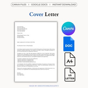 May include: A cover letter template with the title "Cover Letter" in navy blue. The document includes placeholders for personal and professional information. Icons for Canva, DOC, A4, and US Letter are also present.
