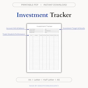 Puede incluir: Un rastreador de inversiones en PDF imprimible con el título "Investment Tracker" en azul. El documento incluye secciones para información de cuenta, detalles de operaciones y resultados de inversión. Disponible en tamaños A4, Letter, Half Letter y A5.