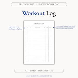 Puede incluir: Plantilla de registro de entrenamiento imprimible en blanco y negro. La plantilla tiene columnas para la fecha, la hora, los ejercicios de entrenamiento, las repeticiones, las series y las calorías quemadas. El texto "Workout Log" está en la parte superior de la página.