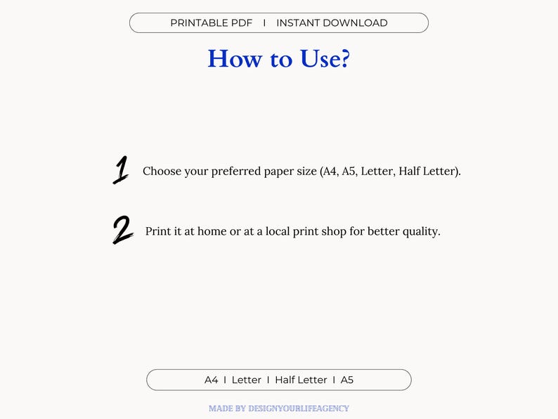 Printable Nutrition Log PDF designed for daily food tracking, calorie counting, and healthy meal planning. Ideal for individuals focused on wellness, diet, or weight loss goals. Includes sections for meals, snacks, calorie totals, and personal notes. Offered in A4, A5, Letter, and Half-Letter sizes for easy home printing. Clean and minimal layout suitable for beginners or health-conscious users. Great for meal prep, mindful eating, and tracking nutritional habits.