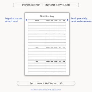 Printable Nutrition Log PDF designed for daily food tracking, calorie counting, and healthy meal planning. Ideal for individuals focused on wellness, diet, or weight loss goals. Includes sections for meals, snacks, calorie totals, and personal notes. Offered in A4, A5, Letter, and Half-Letter sizes for easy home printing. Clean and minimal layout suitable for beginners or health-conscious users. Great for meal prep, mindful eating, and tracking nutritional habits.