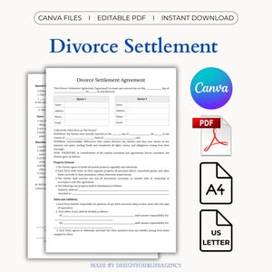 Op de afbeelding: Een wit document getiteld "Echtscheidingsregelingsovereenkomst" met invulvelden voor de informatie van de echtgenoten. De afbeelding bevat Canva-, PDF-, A4- en US Letter-pictogrammen.