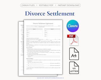 May include: A white document titled "Divorce Settlement Agreement" with fillable fields for spouses' information. The image includes Canva, PDF, A4, and US Letter icons, indicating digital file options.
