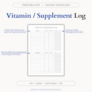 Vitamin and Supplement Tracker Printable PDF - Daily Health Tracker, Medication Log, Wellness Planner Dose and Time Weekly Tracker Pages