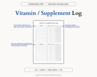 Vitamin and Supplement Tracker Printable PDF: Daily Medication Log, Nutrient Deficiency Tracker, Pill Dosage Organizer Sheet