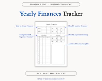 Yearly Finance Tracker Printable PDF: Annual Budget Planner, Savings Sheet, Financial Log, Income Management, 12 Month Money Dashboard