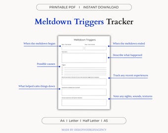 Meltdown Triggers Tracker Printable PDF: Mental Health Log, Emotional Awareness, Sensory Overload Log, Autism ADHD Emotional Regulation