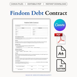May include: A white document titled "Findom Debt Contract" with fillable fields and a blue Canva logo. Includes PDF, A4, and US Letter icons. Text at the top reads "CANVA FILES | EDITABLE PDF | INSTANT DOWNLOAD".