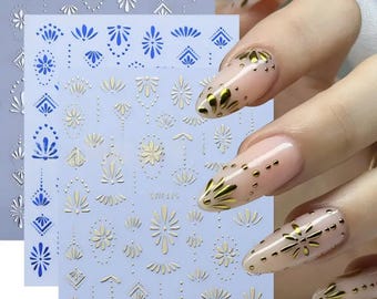 Bohemian 3D Nail Art Stickers | Self-Adhesive Metallic Decals | Gel Nail Design | Floral | Blue | Gold | Silver | Boho Nails | DIY | SWA116