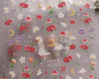 5D Nail Art Stickers | Self-Adhesive Embossed Flowers | Moon | Clouds | Daisy | Red Rose | Summer Gel Nail Decals | DIY Nail Design | MS563