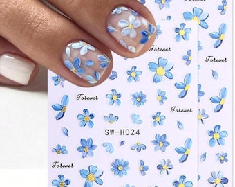 Forget Me Not Nail Art Stickers | Blue Daisy | Metallic Gold Flowers | Summer Nail Decals | DIY Nail Design | Holiday Nails | H024