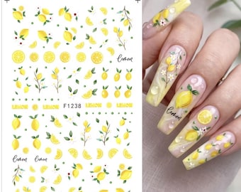 Lemon Nail Art Stickers | Summer Fruit Nails Decals | Yellow Citrus Nail Design | Holiday Transfers | DIY Mani | F1238