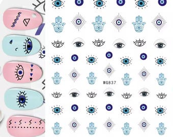 Evil Eye Nail Stickers | Hamsa Hand Nail Art Decals | Greek Boho DIY mani | WG837