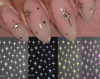 Starry Metallic Nail Art Stickers | Silver, Gold, Holographic and Pink Stars |  Star Nail Decals | DIY Nail Design | Christmas | SU-33