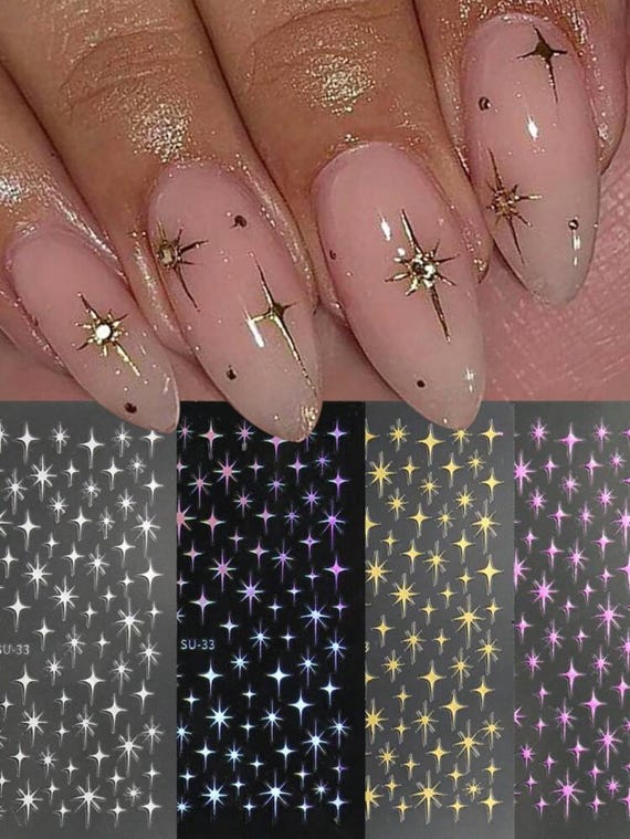 Starry Metallic Nail Art Stickers | Silver, Gold, Holographic and Pink Stars |  Star Nail Decals | DIY Nail Design | Christmas | SU-33