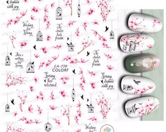 Cherry Blossom Nail Stickers | Bird Nail Art Decals | Sakura Flowers | Spring Summer Nails | DIY Mani | CA770