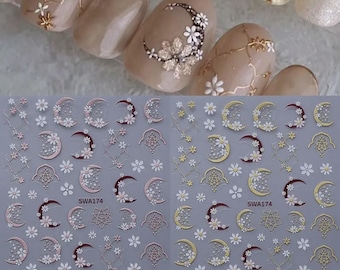 Boho Moon Flower Nail Art Stickers | Gold | Rose Gold | 3D Celestial Decals | DIY mani | SWA174