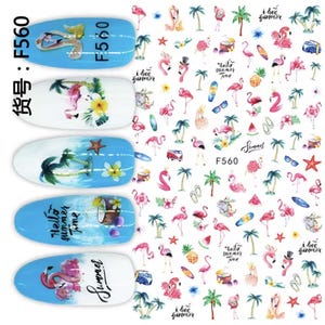 May include: Nail art stickers with a summer theme. Designs include pink flamingos, palm trees, and the words "Summer" and "Hello summer time". The nail art stickers are on a white background with blue nail shapes.